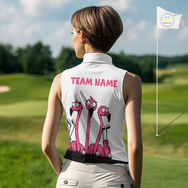 Funny pink flamingo friends white Women sleeveless polo shirt Custom flamingo ladies golf outfits NQS10201