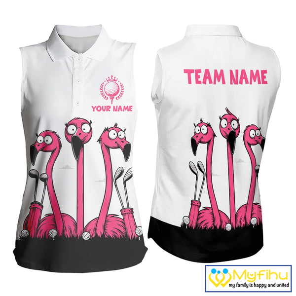 Funny pink flamingo friends white Women sleeveless polo shirt Custom flamingo ladies golf outfits NQS10201