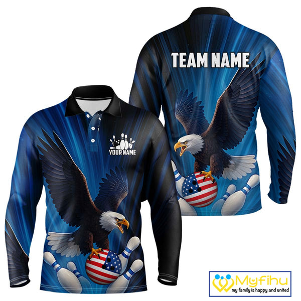 Blue Light Eagle American Flag Men's Bowling Polo, 1/4 Zip Shirt Custom Patriotic Team Bowling jersey NQS10350