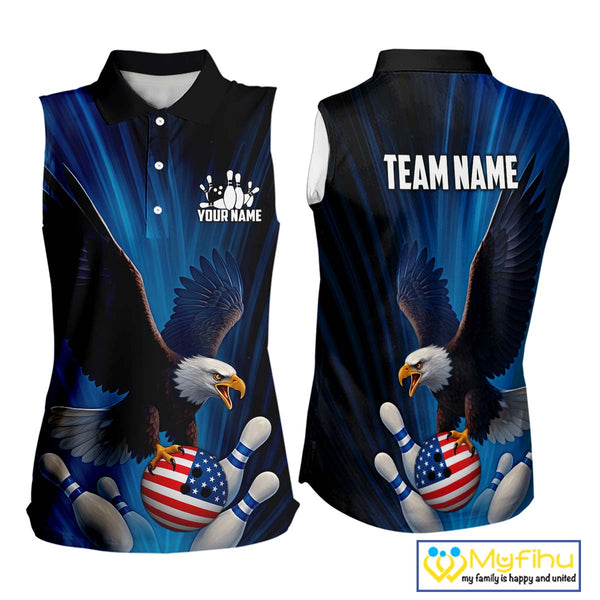 Blue Light Eagle American Flag Bowling Sleeveless Polo Shirt Custom Patriotic Team Bowling jersey NQS10350