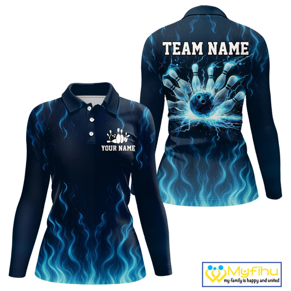 Blue flame lightning thunder Bowling polo, quarter zip shirts for Women custom Bowling team jerseys NQS10387