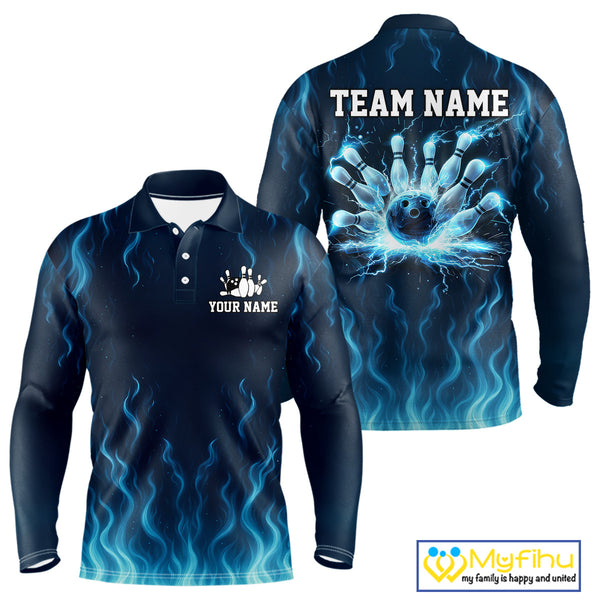 Blue flame lightning thunder Bowling polo, quarter zip shirts for men custom Bowling team jerseys NQS10387