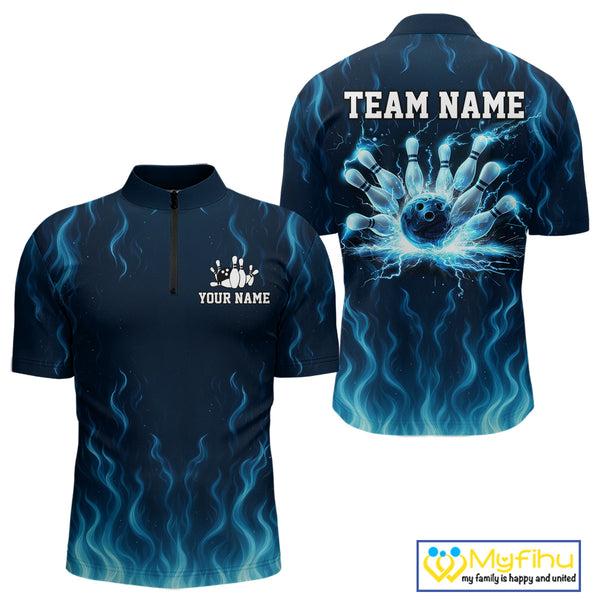 Blue flame lightning thunder Bowling polo, quarter zip shirts for men custom Bowling team jerseys NQS10387
