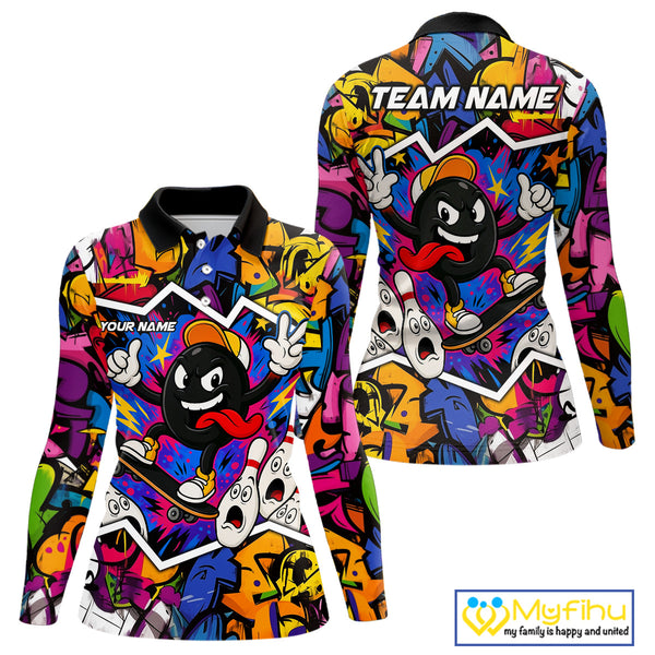 Colorful graffiti pattern Funny Bowling polo, quarter zip shirts for Women custom Bowling team jersey NQS10389