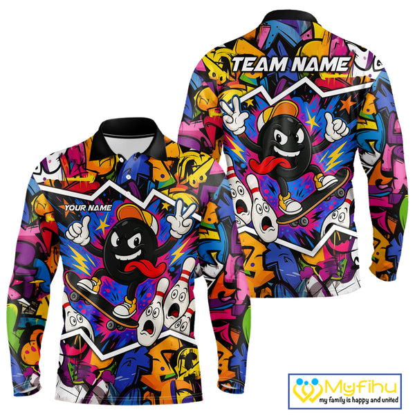 Colorful graffiti pattern Funny Bowling polo, quarter zip shirts for men custom Bowling team jerseys NQS10389
