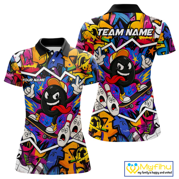 Colorful graffiti pattern Funny Bowling polo, quarter zip shirts for Women custom Bowling team jersey NQS10389