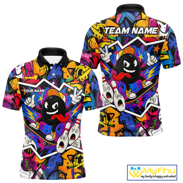 Colorful graffiti pattern Funny Bowling polo, quarter zip shirts for men custom Bowling team jerseys NQS10389