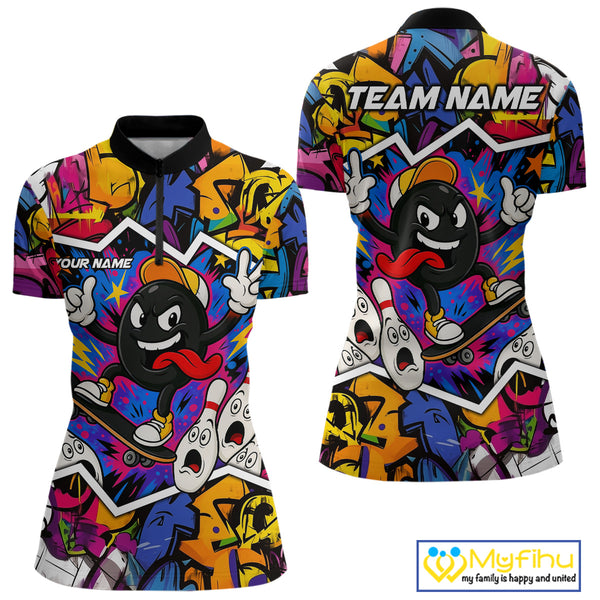 Colorful graffiti pattern Funny Bowling polo, quarter zip shirts for Women custom Bowling team jersey NQS10389