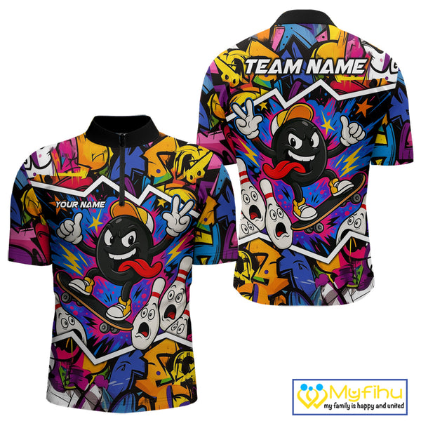 Colorful graffiti pattern Funny Bowling polo, quarter zip shirts for men custom Bowling team jerseys NQS10389