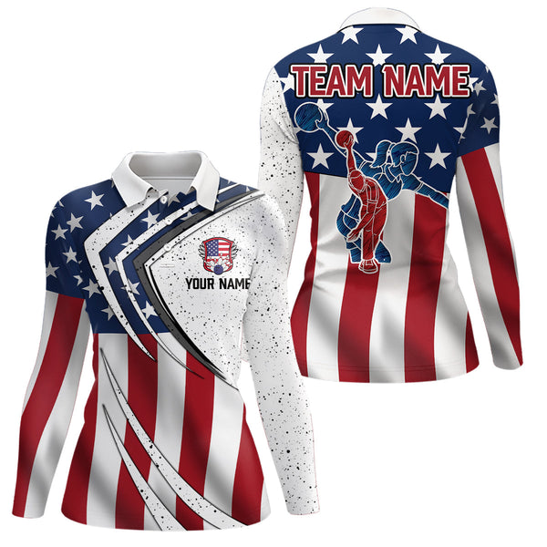 American flag retro Bowling Shirts For Women Custom Patriotic Bowling Team League Jerseys Polo Shirts NQS6549
