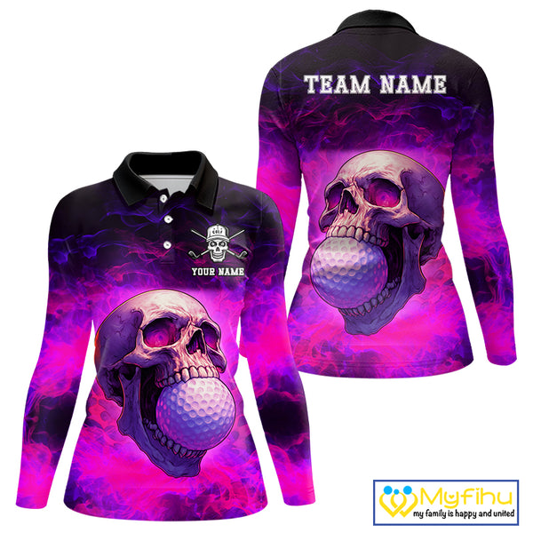 Custom Pink Flame Golf skull Halloween Women golf polo shirt, Personalized Team Skull golf outfit NQS10400