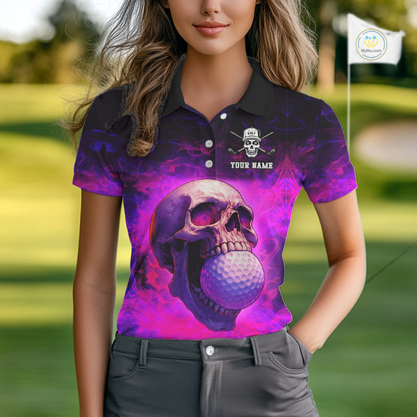 Custom Pink Flame Golf skull Halloween Women golf polo shirt, Personalized Team Skull golf outfit NQS10400