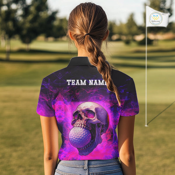 Custom Pink Flame Golf skull Halloween Women golf polo shirt, Personalized Team Skull golf outfit NQS10400