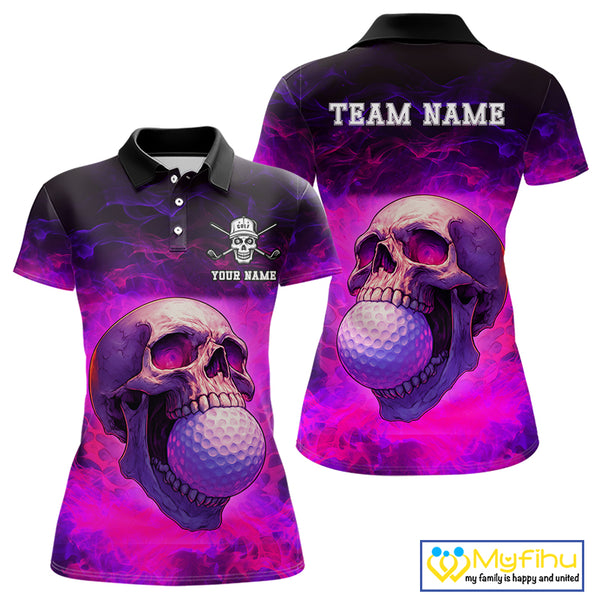 Custom Pink Flame Golf skull Halloween Women golf polo shirt, Personalized Team Skull golf outfit NQS10400