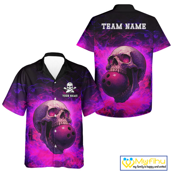 Custom Pink Flame Skull Halloween Bowling Shirts For Men, Personalized Team Bowling Jersey outfit NQS10401