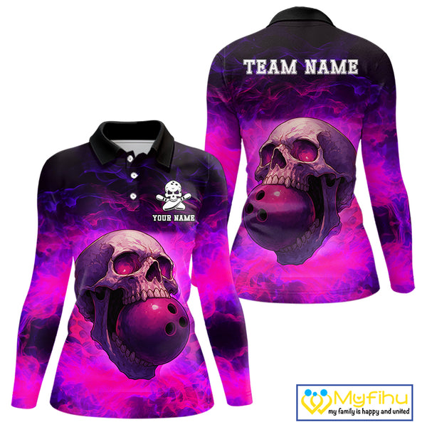 Custom Pink Flame Skull Halloween Bowling Shirts For Women, Personalized Team Bowling Jersey outfit NQS10401