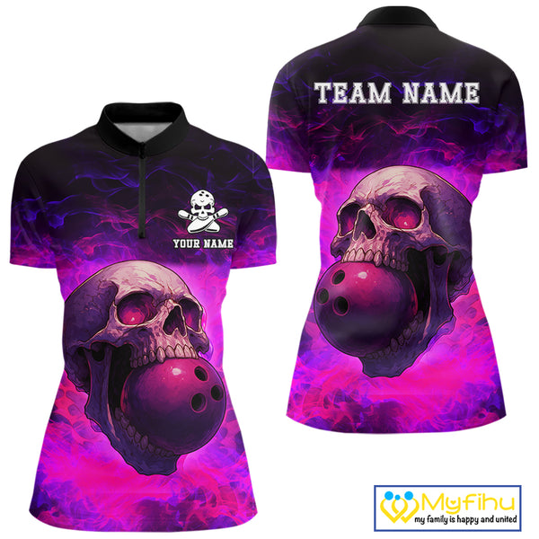 Custom Pink Flame Skull Halloween Bowling Shirts For Women, Personalized Team Bowling Jersey outfit NQS10401