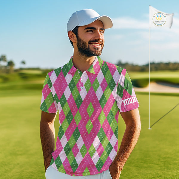Pink and Green argyle pattern Mens golf polo shirt custom golf jerseys, personalized golf apparel NQS10408