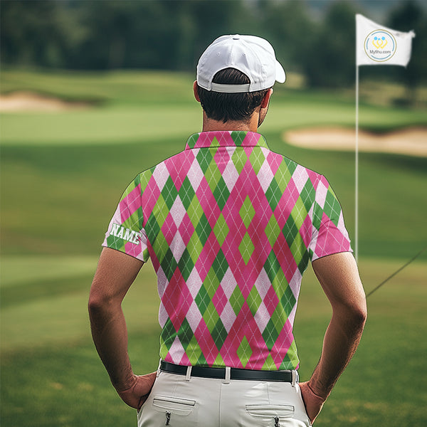 Pink and Green argyle pattern Mens golf polo shirt custom golf jerseys, personalized golf apparel NQS10408