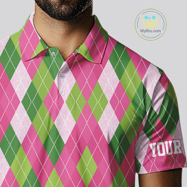 Pink and Green argyle pattern Mens golf polo shirt custom golf jerseys, personalized golf apparel NQS10408