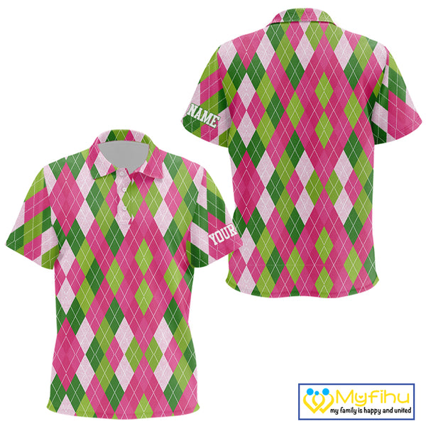 Pink and Green argyle pattern Kid golf polo shirt custom golf jerseys, personalized golf apparel NQS10408