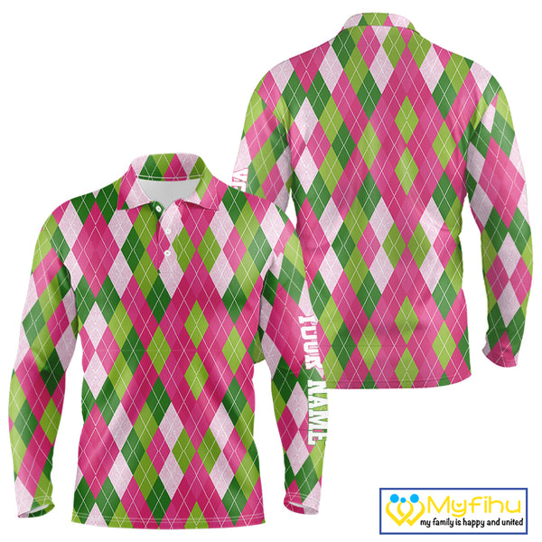 Pink and Green argyle pattern Mens golf polo shirt custom golf jerseys, personalized golf apparel NQS10408