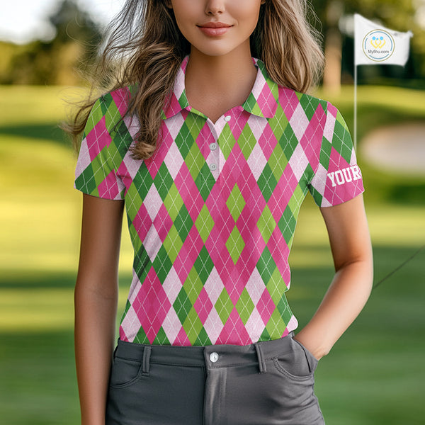Pink and Green argyle pattern Women golf polo shirt custom golf jerseys, personalized golf apparel NQS10408