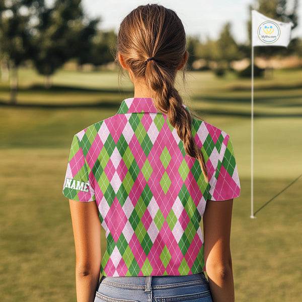 Pink and Green argyle pattern Women golf polo shirt custom golf jerseys, personalized golf apparel NQS10408