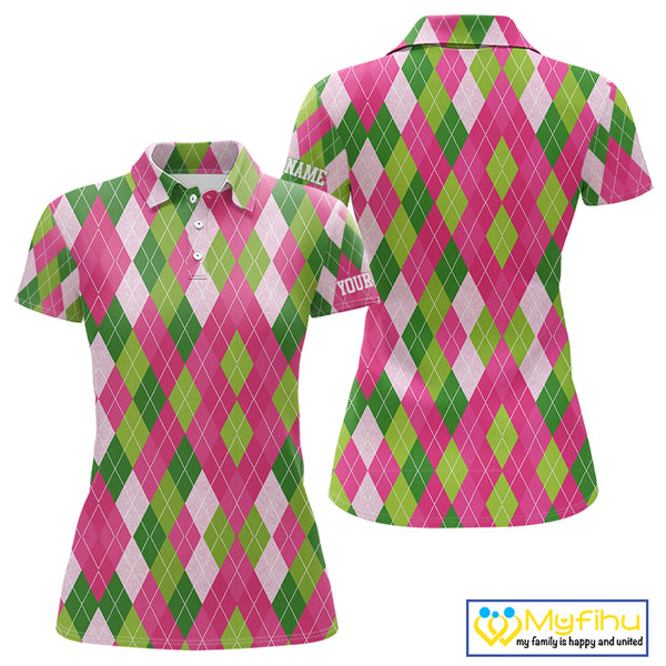 Pink and Green argyle pattern Women golf polo shirt custom golf jerseys, personalized golf apparel NQS10408