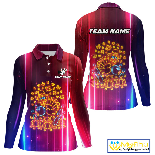Colorful Neon Autumn Turkey Bowling Shirts for Women Custom Thanksgiving Bowling Team Jerseys NQS10417