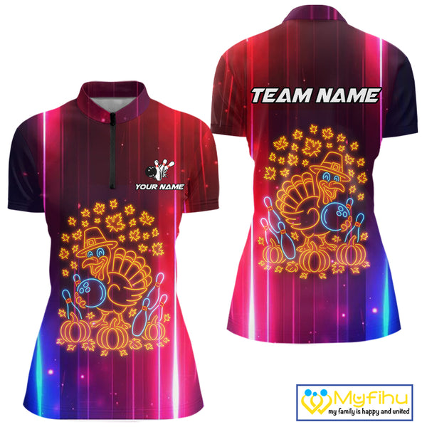 Colorful Neon Autumn Turkey Bowling Shirts for Women Custom Thanksgiving Bowling Team Jerseys NQS10417