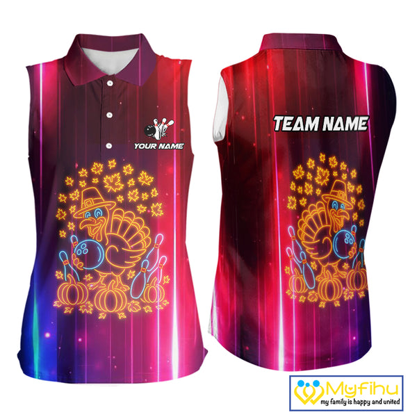 Colorful Neon Autumn Turkey Bowling Sleeveless polo shirt Custom Thanksgiving Bowling Team Jerseys NQS10417