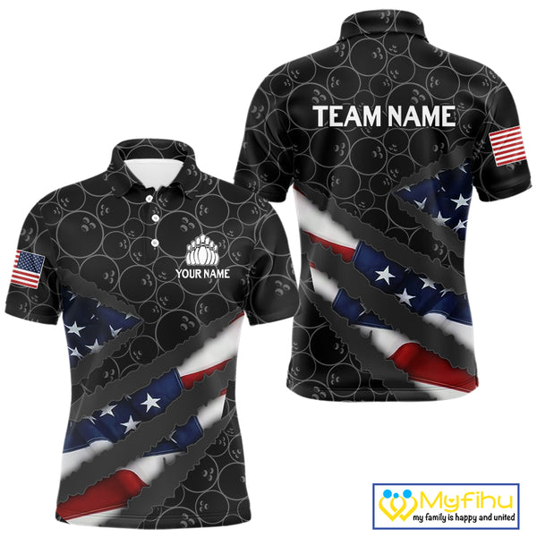 American Flag Mens Bowling Shirt Custom Bowling Jersey for Team Patriotic Bowlers Polo, 1/4 zip Shirt NQS10427