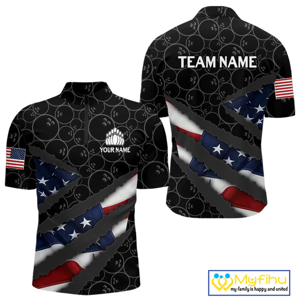 American Flag Mens Bowling Shirt Custom Bowling Jersey for Team Patriotic Bowlers Polo, 1/4 zip Shirt NQS10427