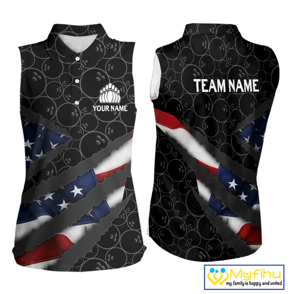 American Flag Sleeveless polo Shirt Custom Bowling Jersey for Team Patriotic Bowler Button up Shirt NQS10427