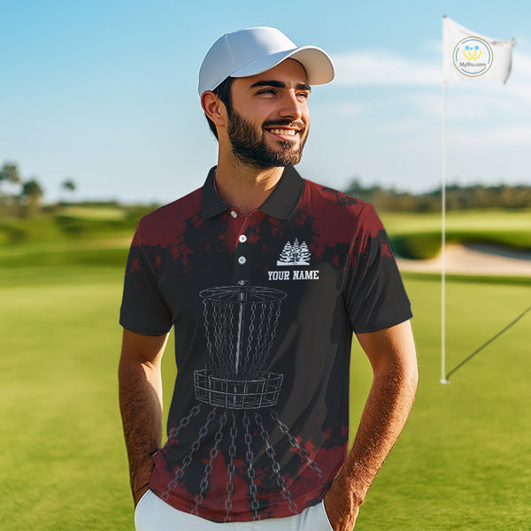 Black and Red Disc golf basket chain Men disc golf polo shirt custom number disc golf outfit for team NQS10438