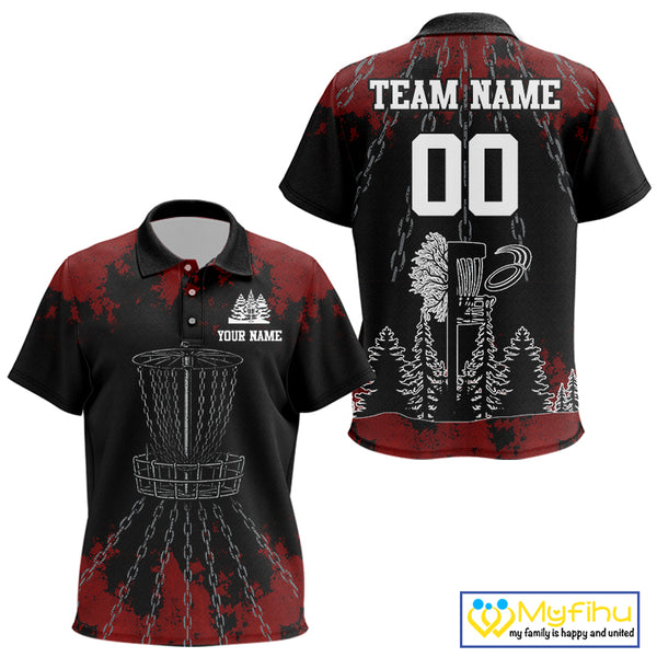 Black and Red Disc golf basket chain Kid disc golf polo shirt custom disc golf outfit for team NQS10438