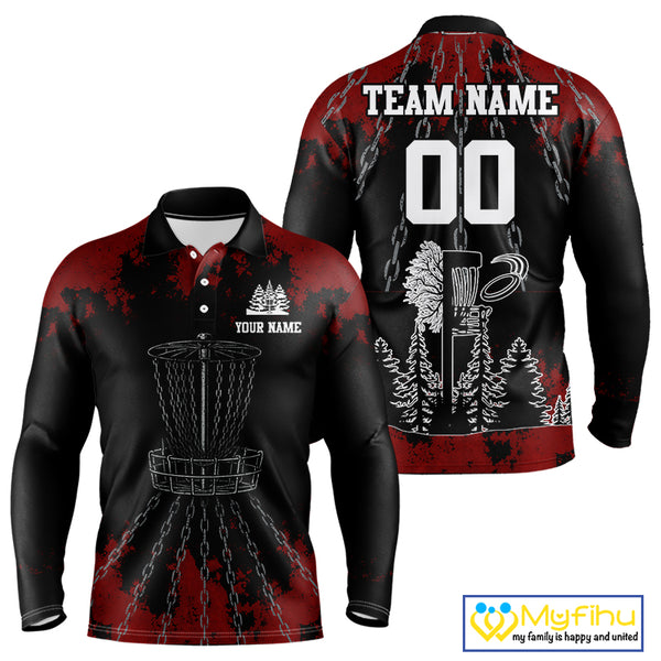 Black and Red Disc golf basket chain Men disc golf polo shirt custom number disc golf outfit for team NQS10438