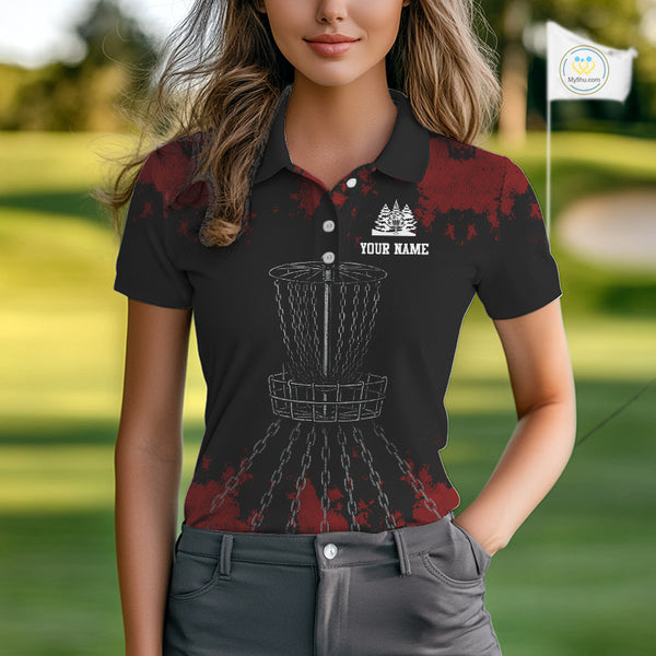 Black and Red Disc golf basket chain Women disc golf polo shirt custom disc golf outfit for team NQS10438