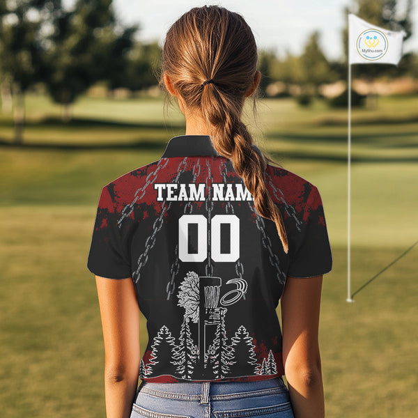Black and Red Disc golf basket chain Women disc golf polo shirt custom disc golf outfit for team NQS10438