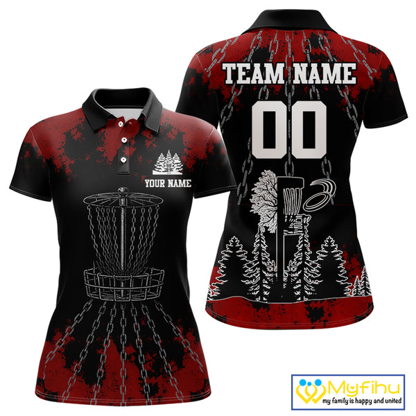 Black and Red Disc golf basket chain Women disc golf polo shirt custom disc golf outfit for team NQS10438