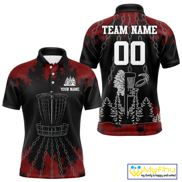 Black and Red Disc golf basket chain Men disc golf polo shirt custom number disc golf outfit for team NQS10438