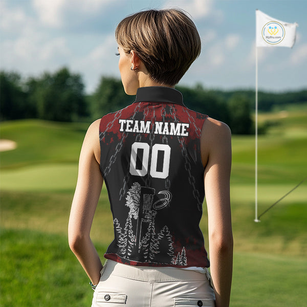 Black and Red Disc golf basket chain Women sleeveless polo shirt custom disc golf outfit for team NQS10438