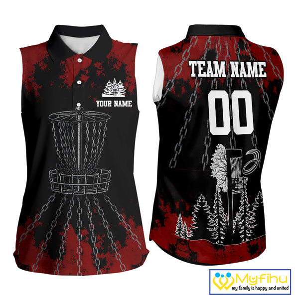 Black and Red Disc golf basket chain Women sleeveless polo shirt custom disc golf outfit for team NQS10438