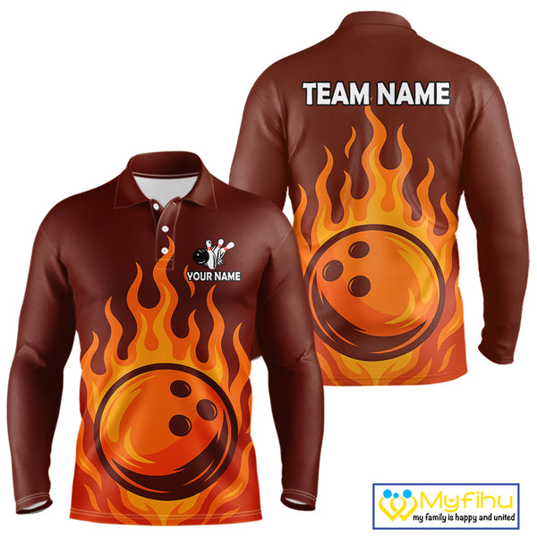 Orange Flame Bowling Polo, Quarter Zip Shirts for Men Custom Bowling Team League Jersey NQS10445