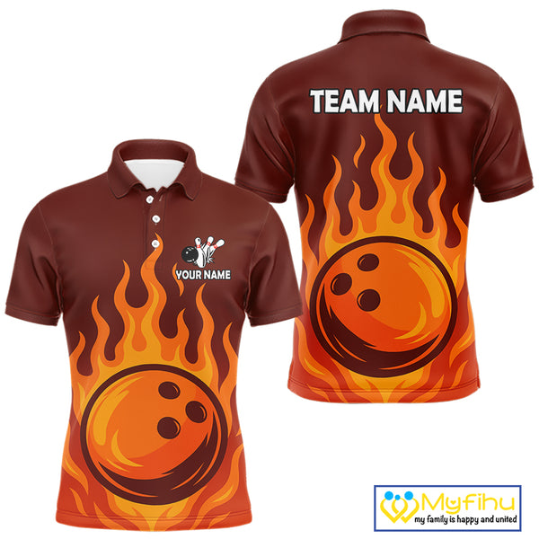 Orange Flame Bowling Polo, Quarter Zip Shirts for Men Custom Bowling Team League Jersey NQS10445