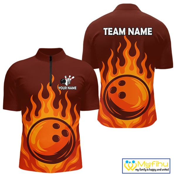 Orange Flame Bowling Polo, Quarter Zip Shirts for Men Custom Bowling Team League Jersey NQS10445