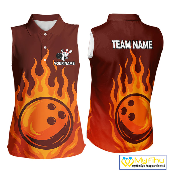 Orange Flame Bowling Sleeveless Polo Shirt Custom Bowling Team League Jersey NQS10445