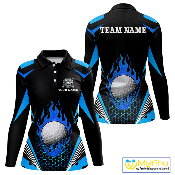 Black and Blue Flame Golf Ball Women golf polo shirts custom golf attire for ladies, best golf gifts NQS10448