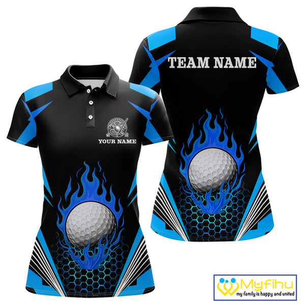 Black and Blue Flame Golf Ball Women golf polo shirts custom golf attire for ladies, best golf gifts NQS10448